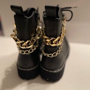 Black Leather Lace Up Combat Boots with Gold Chains